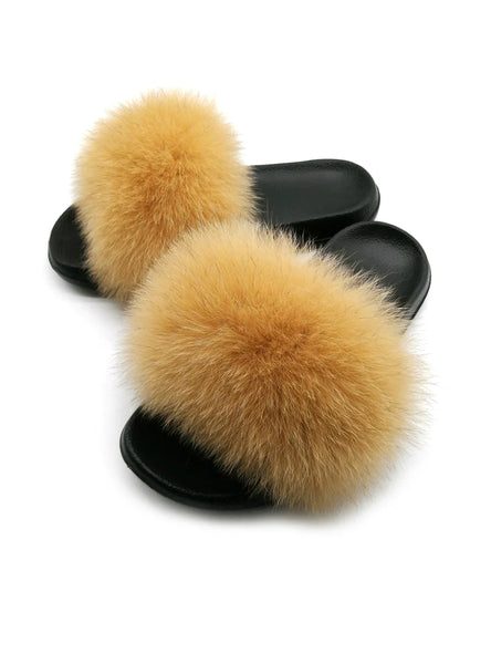 KHAKI FASHION WOMEN FOX FUR REAL FUR SLIPPERS