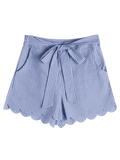 Fashion Scalloped Hem Bowknot Striped Shorts