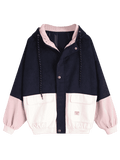 Navy Pink Hooded Color Block Corduroy Jacket 