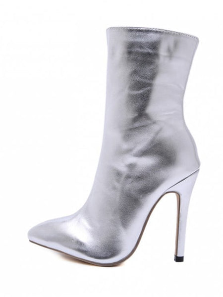 Silver Pointed Toe High Heel Short Boots