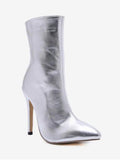 Silver Pointed Toe High Heel Short Boots