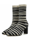 New Striped Chunky Heel Sock Mid Calf Boots