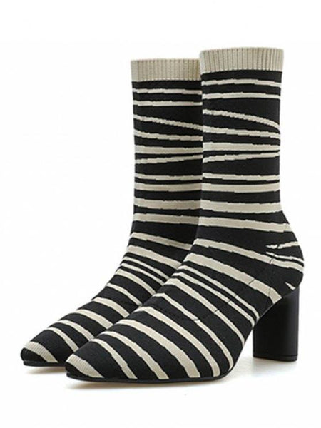 New Striped Chunky Heel Sock Mid Calf Boots