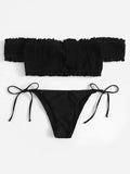 Shirred Lace-up Bardot Bikini Set
