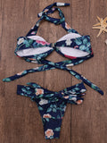 Wrapped Chest Bikini Sets Bare Neck String Printed Swimwear