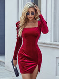 SPLIT SLIM SQUARE NECK VELVET LONG SLEEVE DRESS