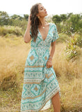 WOMEN PRINTED SHORT SLEEVE DEEP V-NECK MAXI DRESS