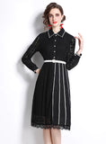 RETRO LONG SLEEVE PLEATED CHIFFON STITCHING LACE DRESS
