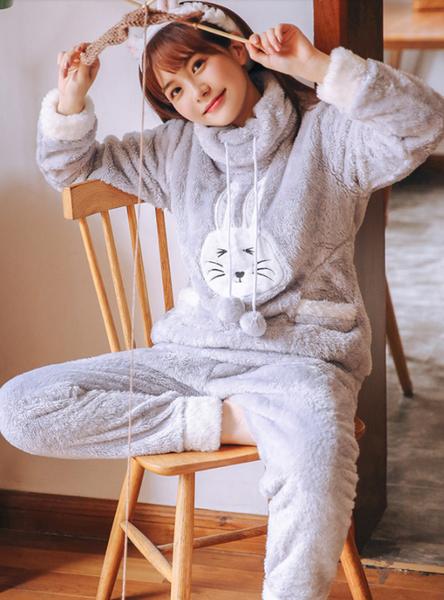 PINK HIGH NECK RABBIT CORAL VELVET PAJAMAS