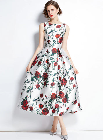 A-LINE ROSE PRINTED SLEEVELESS DRESS