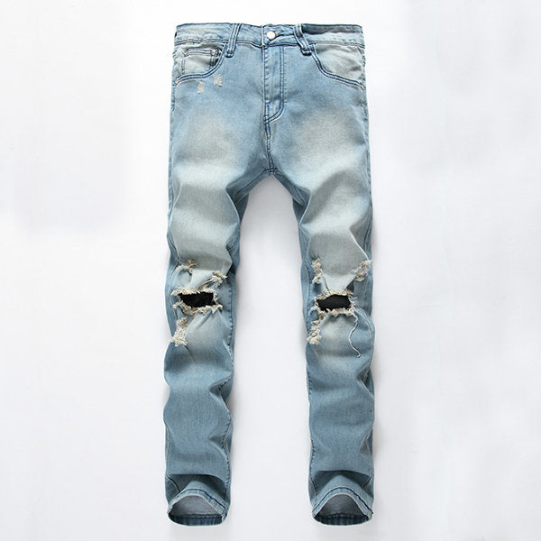 Washed Denim Ripped Jeans for Men Light Blue Worn Hole Printed Stone