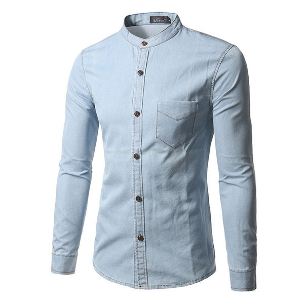 Denim Designer Shirts for Men Autumn Chest Pocket Stand Collar Slim