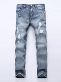 Casual Men's Fashion Jeans Mid Waist Hole Worn Slim Fit