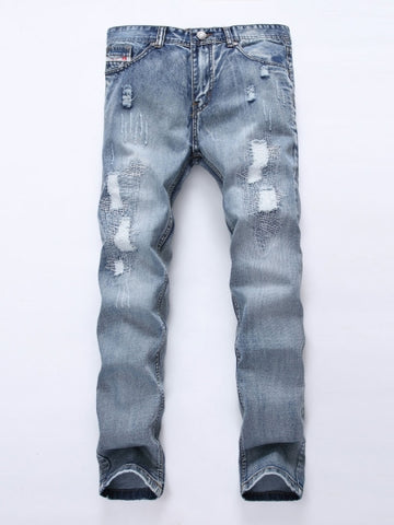 Casual Men's Fashion Jeans Mid Waist Hole Worn Slim Fit