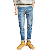 Pockets Cuffed Jeans  Fall Blue Cargo Work Multi