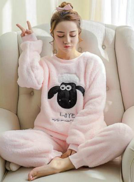 FASHION PINK SHEEP PYJAMAS SETS THICK VELVET SUIT