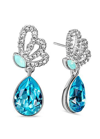 Micro Pave AAA Zircon Butterfly with Blue Austrian Crystal Platinum Plated Stud Earrings