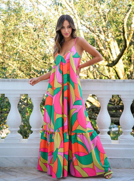 Deep V Backless Bohemian Floral Dress