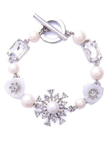 Pearl Link Toggle Bracelet Rhinestone Faux 