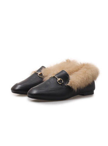 Fashion Black Faux Leather Fur Lined Slippers