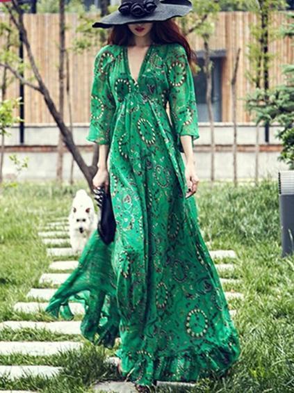Green Flared Sleeves Bohemia Chiffon V-neck Maxi Dress