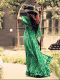 Green Flared Sleeves Bohemia Chiffon V-neck Maxi Dress