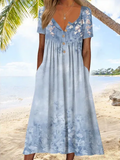 Seaside Serenade Blue Printed Ruched Midi Dress