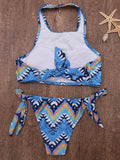 Printed Flower High Neck Halter Striped Bikini For Swimwear