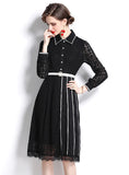 RETRO LONG SLEEVE PLEATED CHIFFON STITCHING LACE DRESS