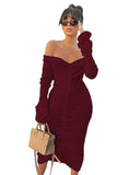 WOMEN WHITE SLASH NECK LONG SLEEVE CLUB PARTY DRESS