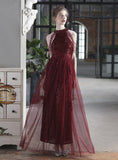 TULLE SEUQINS HALTER BEADING PROM DRESS