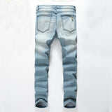 Washed Denim Ripped Jeans for Men Light Blue Worn Hole Printed Stone