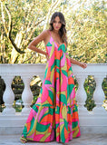 Deep V Backless Bohemian Floral Dress