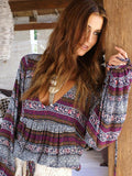 Noble Floral-Print Long Sleeve Deep V Neck Bohemia Beach T-Shirt Tops