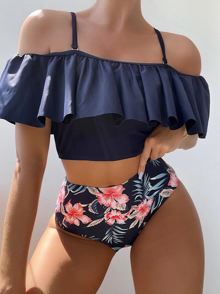 Sexy Bikini Print High Waist Split Swimsuit Lady Lotus Leaf