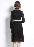 RETRO LONG SLEEVE PLEATED CHIFFON STITCHING LACE DRESS