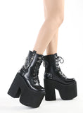 FRONT LACE-UP SQUARE TOE HIGH HEEL FEMALE BOOTIES