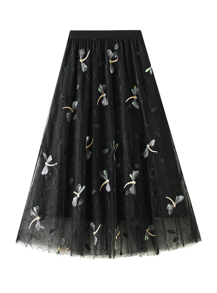 3D EMBROIDERED DRAGONFLIES DOTTED GAUZE SKIRT