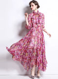 LONG SLEEVE CHIFFON PRINTED BOW TIE DRESS