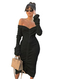 WOMEN WHITE SLASH NECK LONG SLEEVE CLUB PARTY DRESS