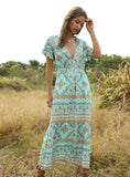 WOMEN PRINTED SHORT SLEEVE DEEP V-NECK MAXI DRESS