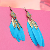 Fashionable Vintage Style Metal Blue Feather Drop Earrings