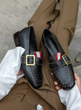 Fathion Black Rivet Embellished Pointed Toe Flats with Tassel Embellished