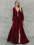 Sexy V-neck Long Sleeves Belted Maxi Dress