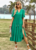 LOOSE CASUAL V-NECK SOLID COLOR DRESS