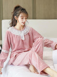 FLANNEL PAJAMAS TROUSERS SOLID LACE SWEET SLEEPWEAR