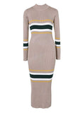 Women's Mock Neck Long Sleeve Striped Knit Sweater Midi Bodycon Dress