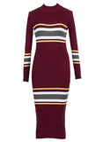 Women's Mock Neck Long Sleeve Striped Knit Sweater Midi Bodycon Dress