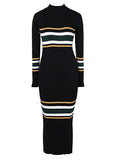 Women's Mock Neck Long Sleeve Striped Knit Sweater Midi Bodycon Dress