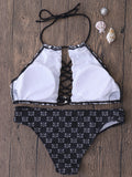 Retro Printed Floral Padding High Neck Halter Brazilian Wireless Split Bikinis